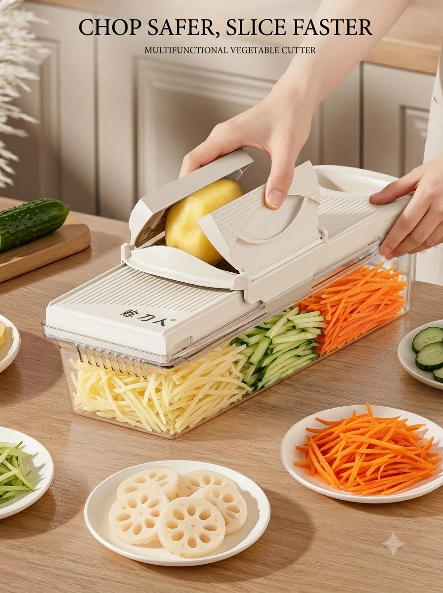 Multipurpose vegetable chopper slicing potato into julienne strips