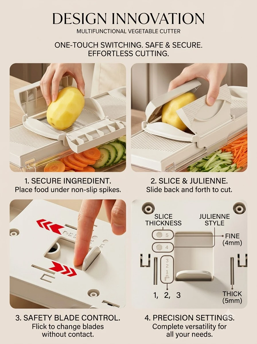 Step by step guide: secure ingredient, slice and julienne, safety blade control, precision settings