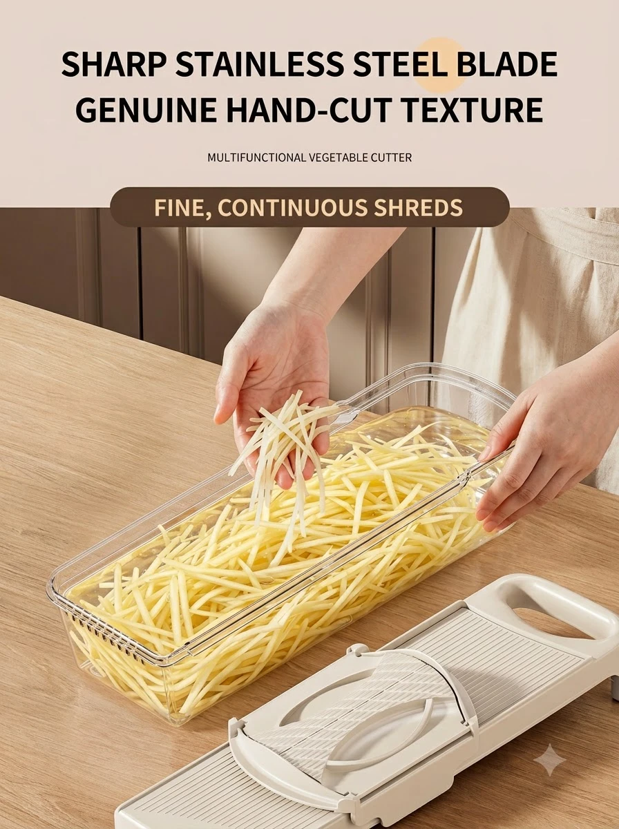 Fine continuous potato shreds cut using the Multipurpose Vegetable Chopper's stainless steel blade