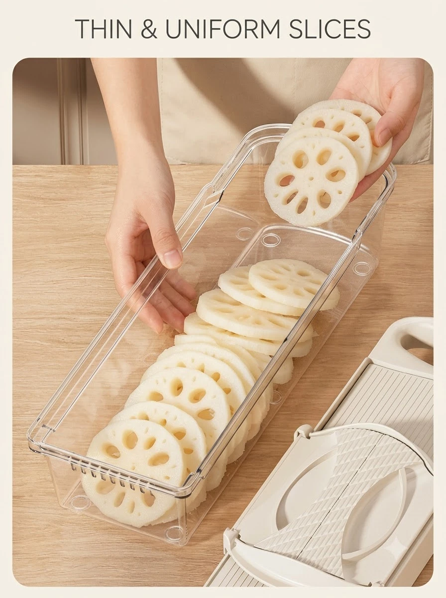 Thin uniform lotus root slices in storage container