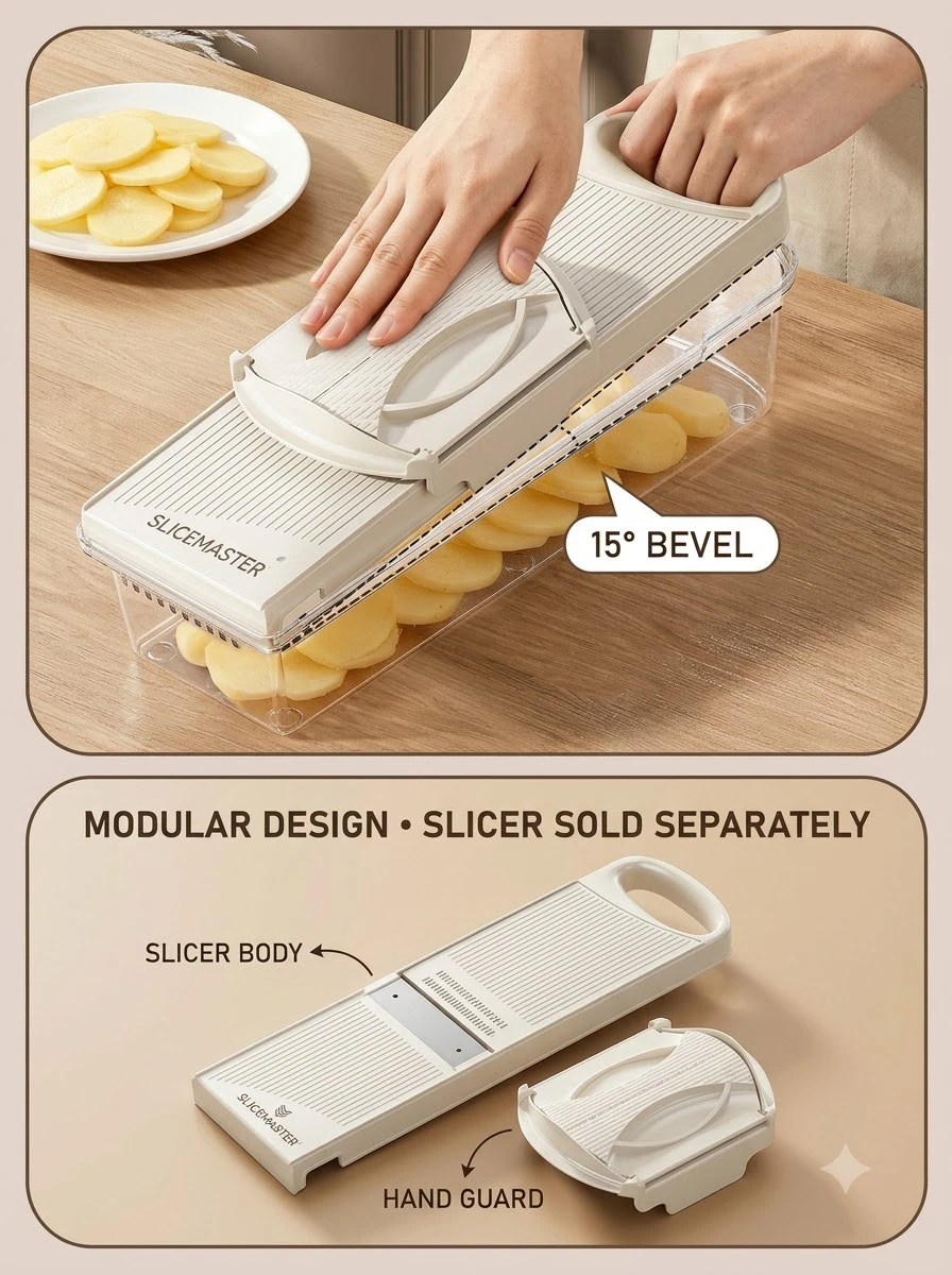 15 degree bevel blade slicing potato with modular slicer body and hand guard